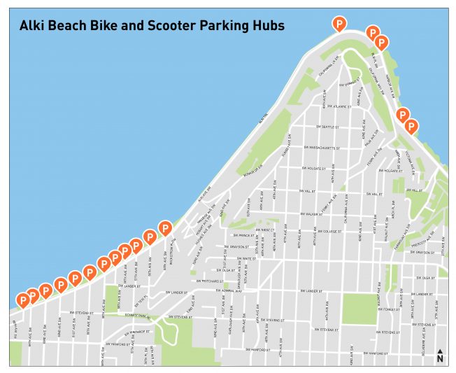 New technology-enforced scooter-parking 'hubs' in West Seattle as city adds 4th provider, Spin | West Seattle Blog... - West Seattle Blog