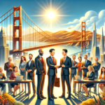 "A group of diverse business people smiling and shaking hands in front of the Golden Gate Bridge, symbolizing success in California's business landscape."
