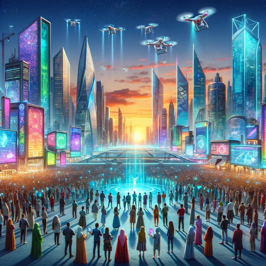 A diverse group of people looking towards a futuristic cityscape with neon lights, holographic displays, flying cars, robots, solar panels, and wind turbines at dusk.