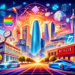 Illustration of top California businesses for 2024, featuring logos of Apple, Google, Tesla, Netflix, and Salesforce with a modern cityscape background.