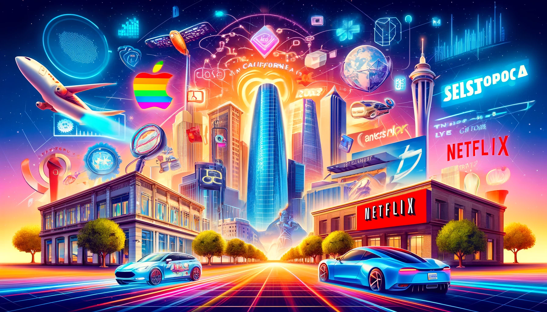 Illustration of top California businesses for 2024, featuring logos of Apple, Google, Tesla, Netflix, and Salesforce with a modern cityscape background.