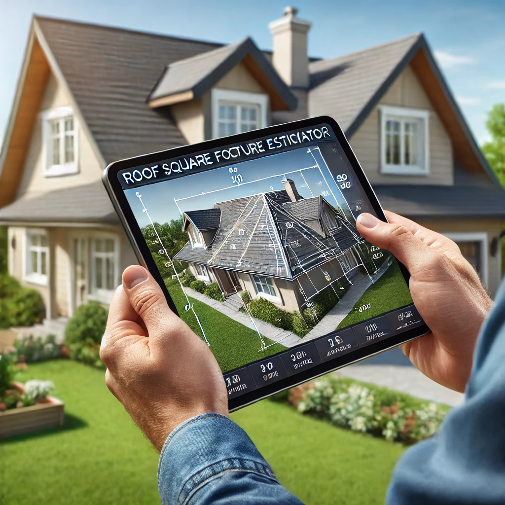 Person using a tablet to estimate roof square footage in front of a suburban house with a gable roof.