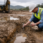 Engineer inspects soil at construction site