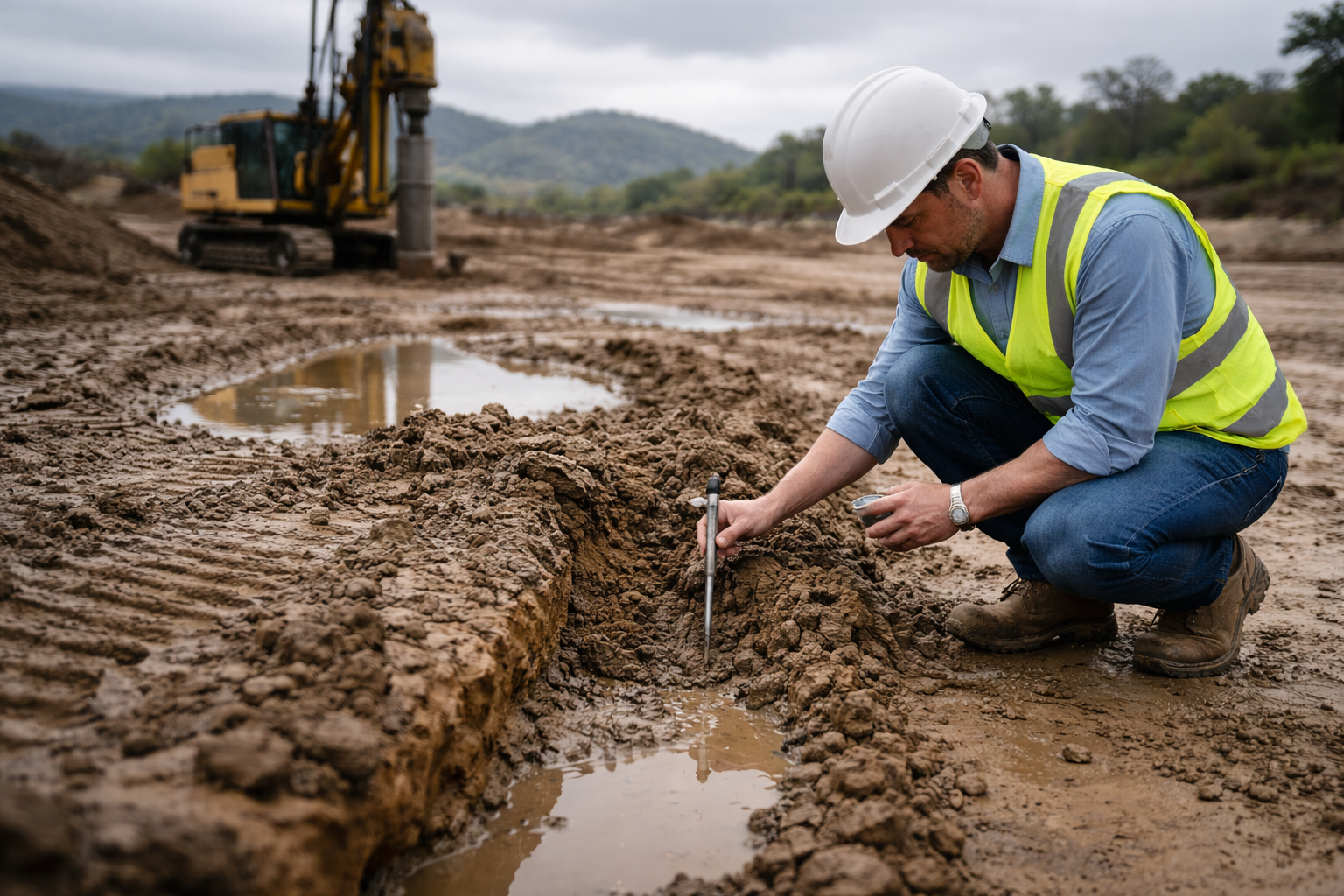 Engineer inspects soil at construction site