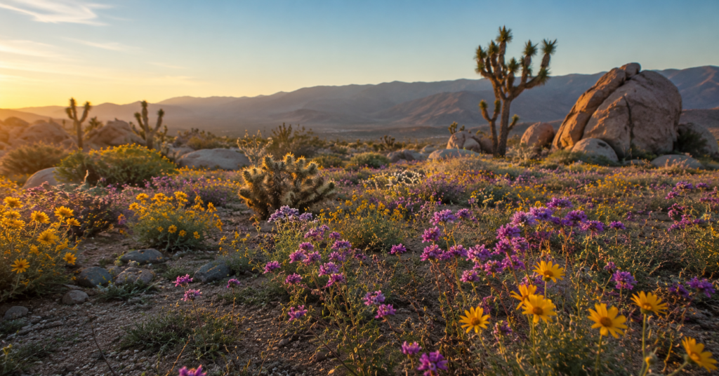 Golden hour desert bloom and rocks
