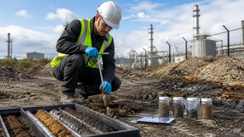 Industrial site soil sampling in progress