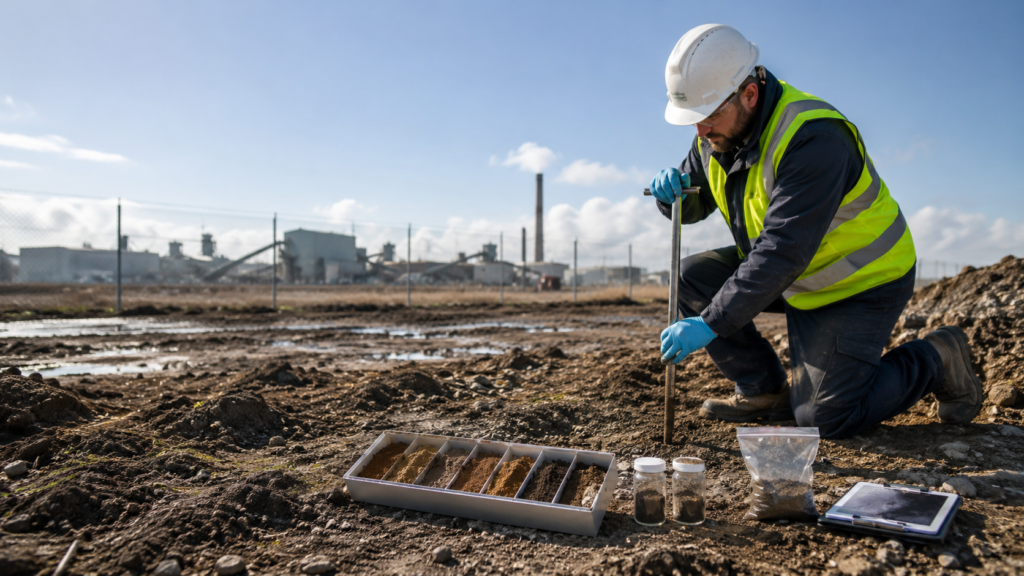 Industrial worksite across muddy terrain