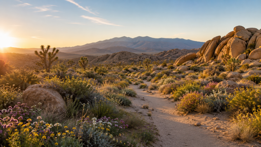 Sunset over desert trail and flowers